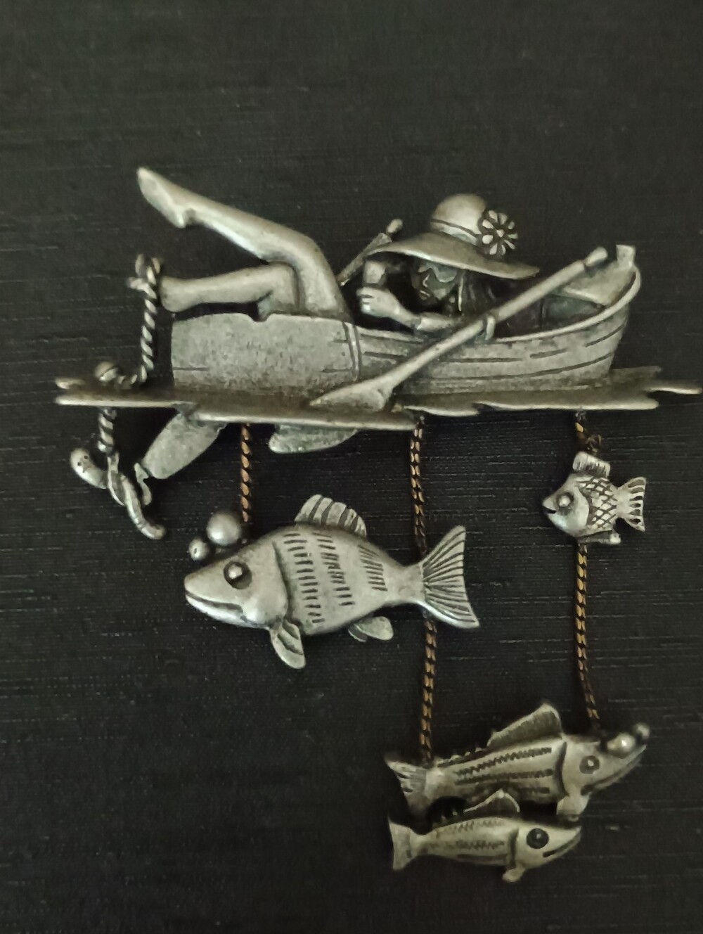 Silver-Tone Fishing Boat Wall Accent with Dangling Fish